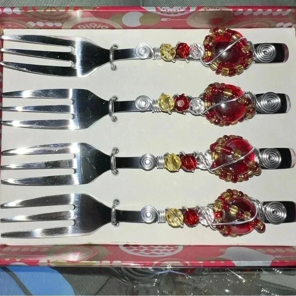 Wild Eye Design Cocktail Christmas Stainless Forks Handcrafted Beaded 3 Prong
